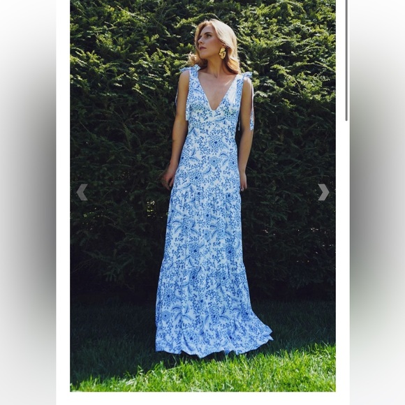 Blue and White Plunge Maxi Sundress for Weddings - Picture 1 of 3